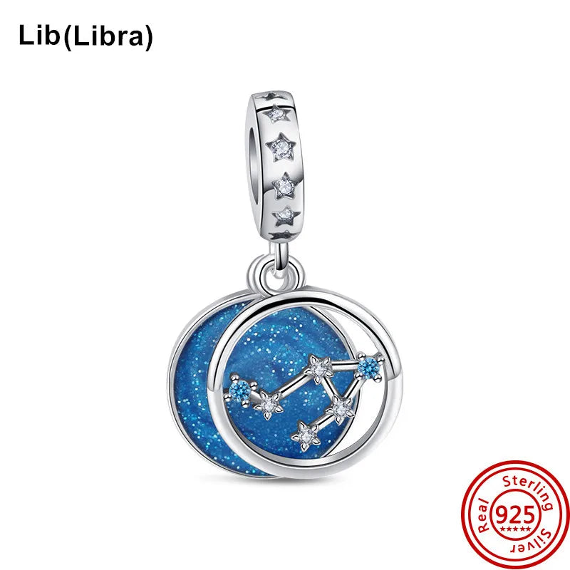 Authentic 925 Sterling Silver Sparkling Aries Leo Scorpio 12 Zodiac Signs Constellation Charm Beads Fit Pantaro Bracelet Jewelry N452