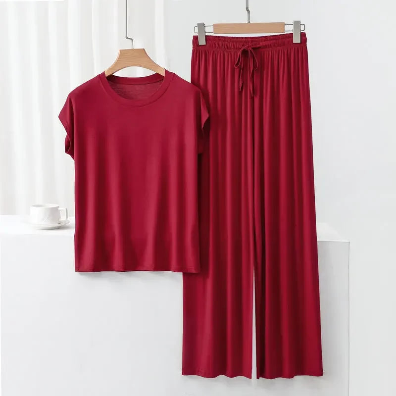 Modal Homewear set O-neck Tshirts short sleeves and Wide leg pants Loose sleepwear Casual streetwear suit all match wine
