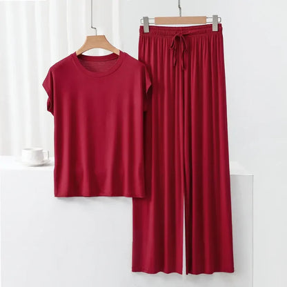 Modal Homewear set O-neck Tshirts short sleeves and Wide leg pants Loose sleepwear Casual streetwear suit all match wine