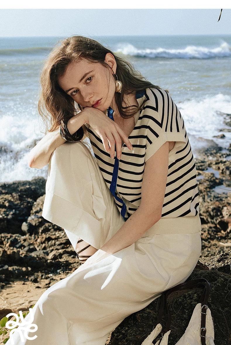 TOYOUTH Women Knitwear 2025 Summer New Short Sleeve Striped Contrast Color Pullover Tops 8523018