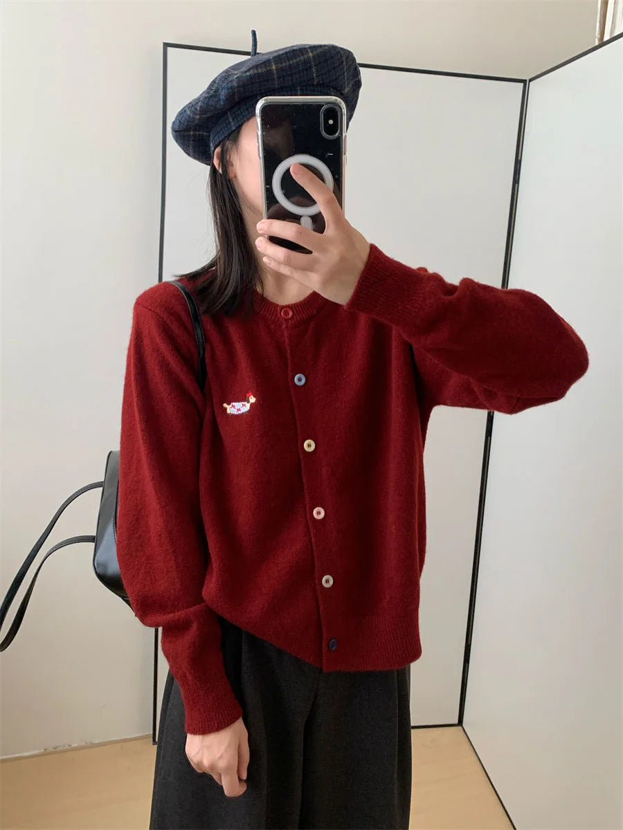 Women Knitwear Chic Embroidery Loose Casual Cardigan Autumn Winter Soft Elegant O-neck Sweaters Commute Basic Knitted Tops