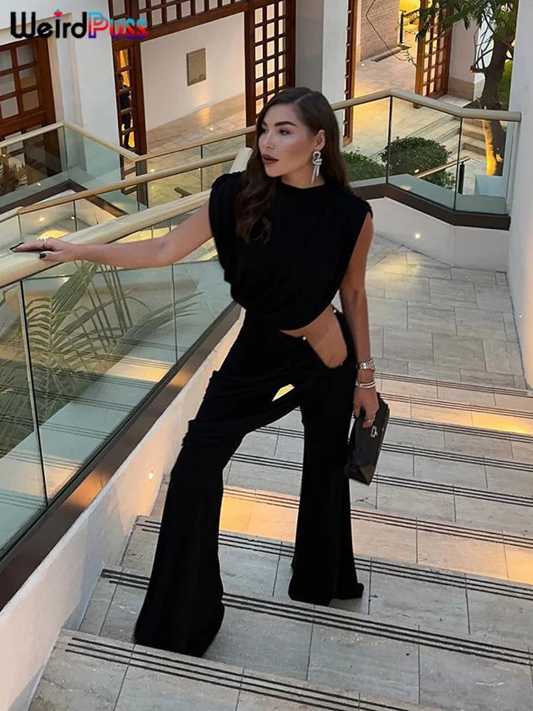 Weird Puss Elegant Irregular 2Piece Set Summer Women Chic Classic Tank Tops+Skirts Pants Matching Trend Ruched Suits Streetwear Badiee Stylez