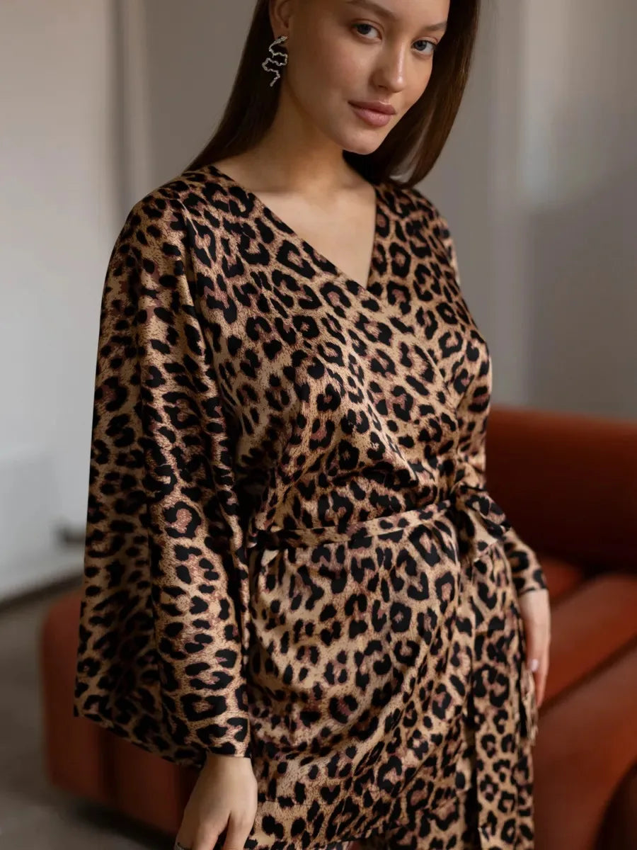 Mozuleva Solid Color Long Sleeved Pants Pajama 2-Piece Set Women's Autumn Winter Lace Up Nightgown Comfortable Home Clothing