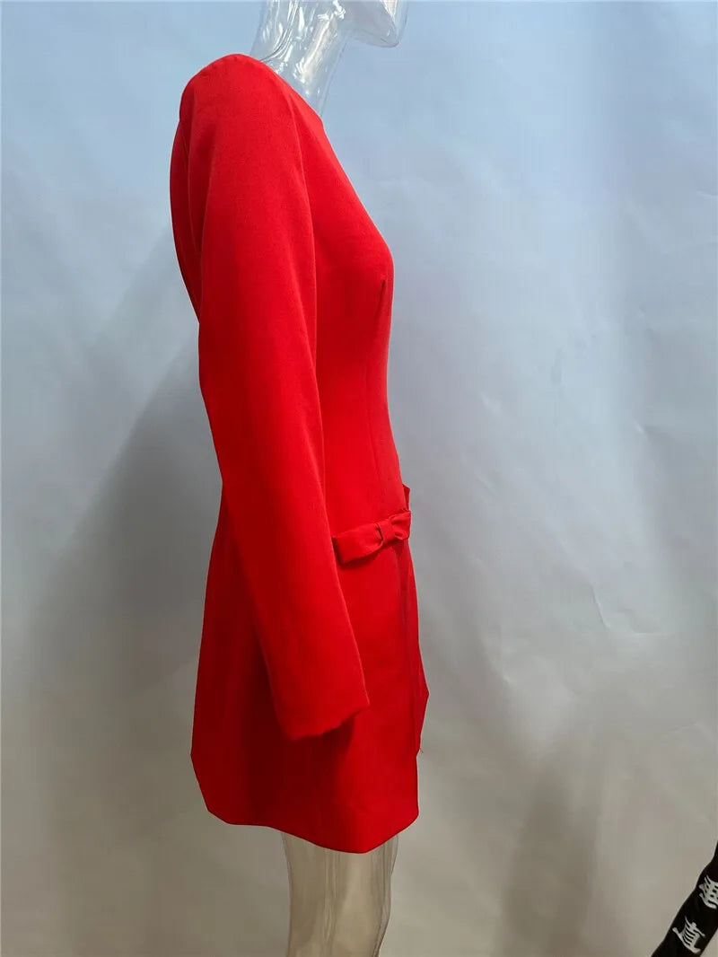 Mozision Double Bow Long Sleeve Sexy Mini Dress For Women Autumn Winter New Solid High Waist Bodycon Club Party Dress Elegant