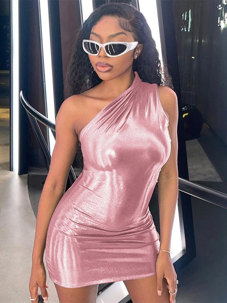 Sexy One Shoulder Bodycon Dresses For Women Solid Irregular Skinny Mini Dress Female Party Nightclub Buttocks Short Gown vestido Pink