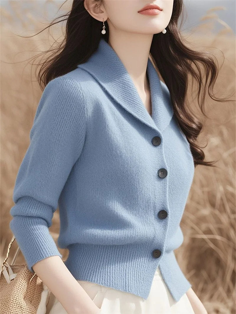 2025 New Spring Autumn Turndown Collar High End Women Knitt Cardigan Sweater Fashion Korean Version Female Knitwear Tops Jacket