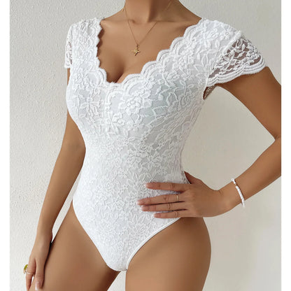 Womens Embroidery Floral Contrast Lace Teddy Bodysuit Sexy V Neck Backless Elegant Bodysuits Y2K Night Club Party Leotards Tops white bodysuits