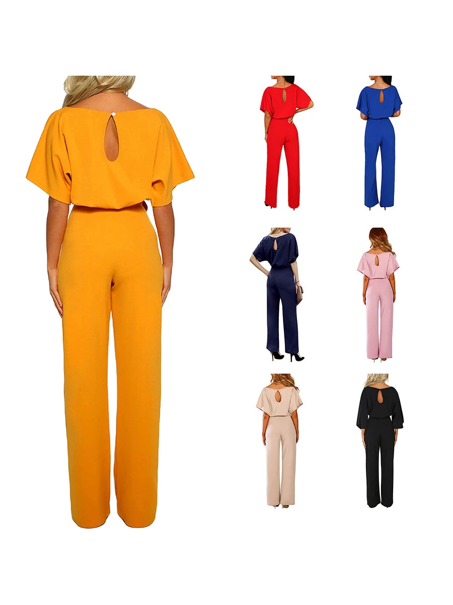 Women's clothing summer 2024 Jumpsuit, Elegant Short Sleeve Hollowed Waist Tie Solid Summer Wide Leg Pants Badiee Stylez