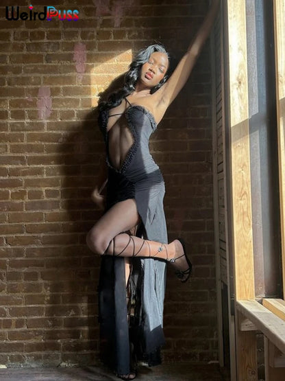 Weird Puss Side Split Women Dress Spaghetti Strap Halter Neck Edible Tree Fungus Hollow Out Sexy Evening Party Ladies Vestido