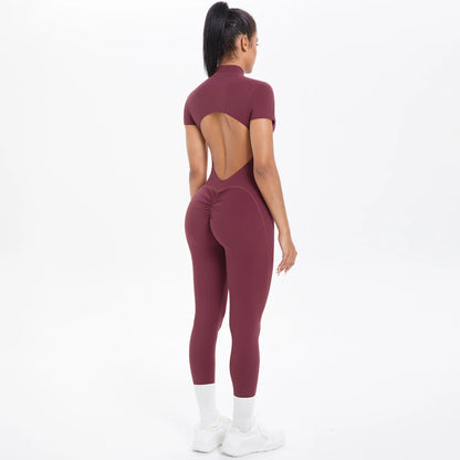 Short Sleeved Fitness Jumpsuit for Woman Bodysuits Backless Solid Color Scrunch One-Piece Suit Half Zipper Gym Yoga Sets Womens