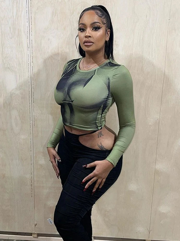 Weird Puss Sexy Print Women Crop Top Long Sleeve O Neck 2023 SpringTrend Skinny Wild Stretchy Vintage Midnight Streetwear Tees