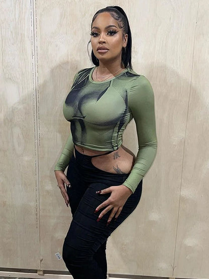 Weird Puss Sexy Print Women Crop Top Long Sleeve O Neck 2023 SpringTrend Skinny Wild Stretchy Vintage Midnight Streetwear Tees