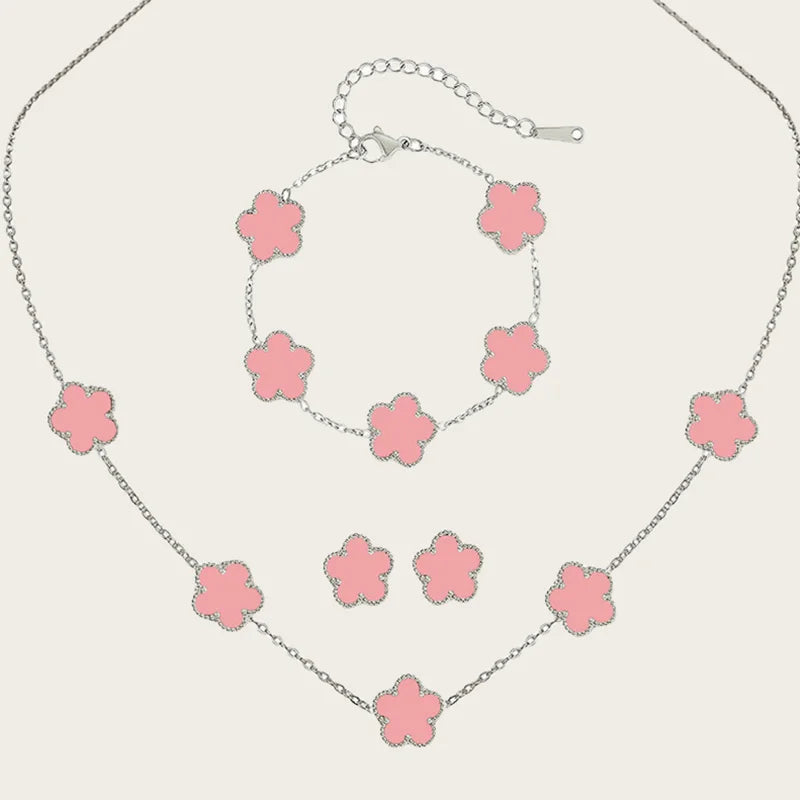 Stainless Steel Sets Earrings Necklace Bracelet Christmas Birthday Gifts Gold Plated Women's Double Sided Flower Elegant Fashion pink-silver