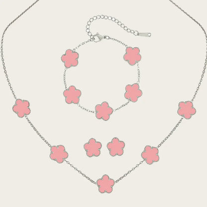 Stainless Steel Sets Earrings Necklace Bracelet Christmas Birthday Gifts Gold Plated Women's Double Sided Flower Elegant Fashion pink-silver
