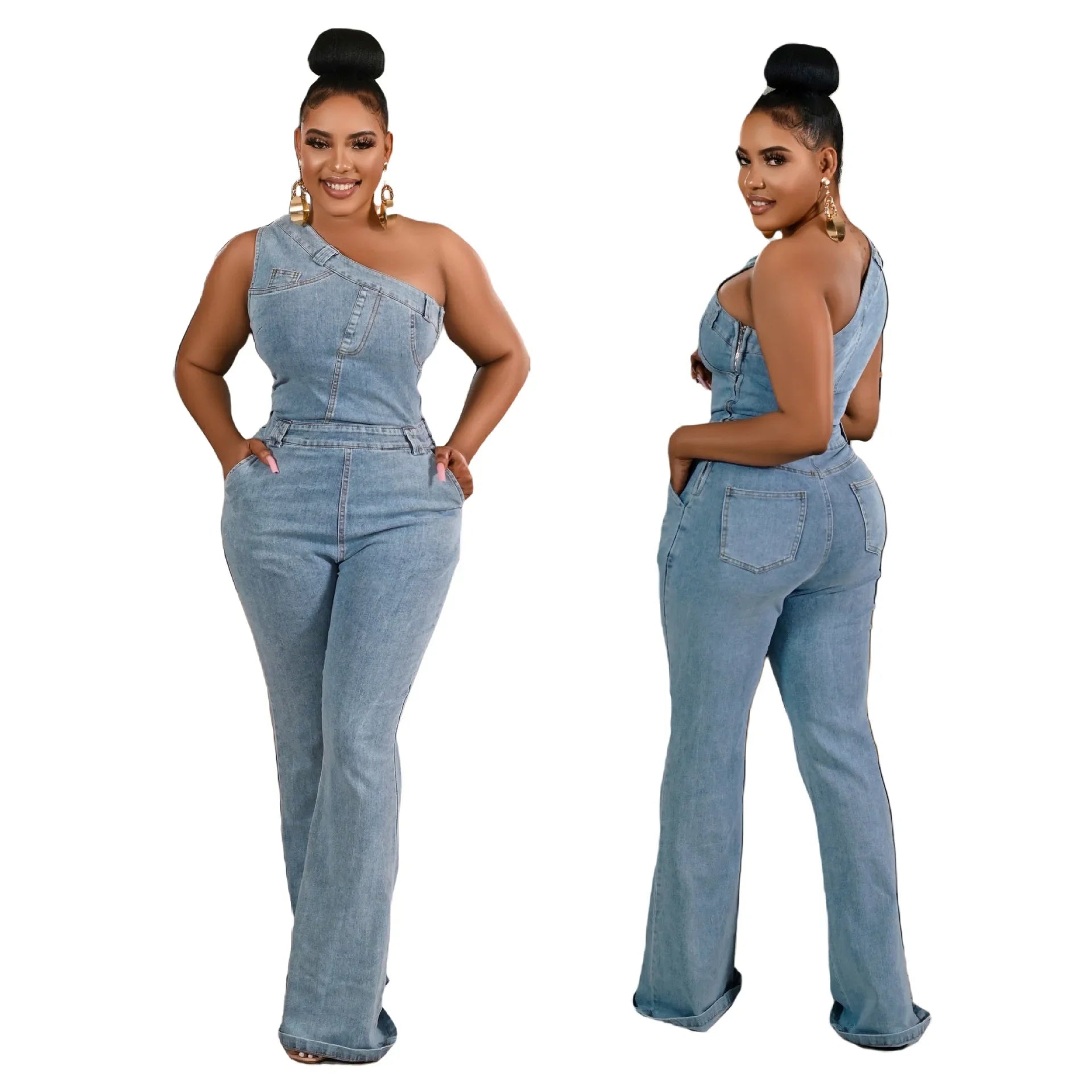 Flare Denim Pants Full Length Women Jeans One Piece Overalls Spliced Solid Jumpsuits Loose Pockets High Waist Basics Washed