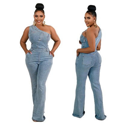 Flare Denim Pants Full Length Women Jeans One Piece Overalls Spliced Solid Jumpsuits Loose Pockets High Waist Basics Washed