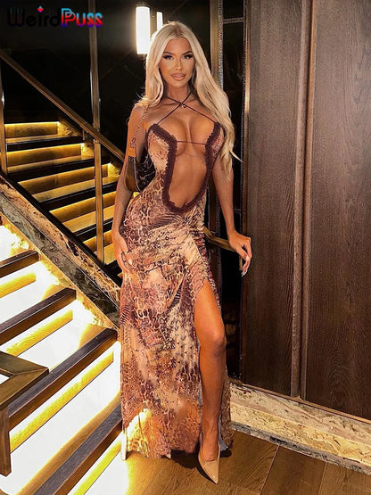 Weird Puss Side Split Women Dress Spaghetti Strap Halter Neck Edible Tree Fungus Hollow Out Sexy Evening Party Ladies Vestido colorful