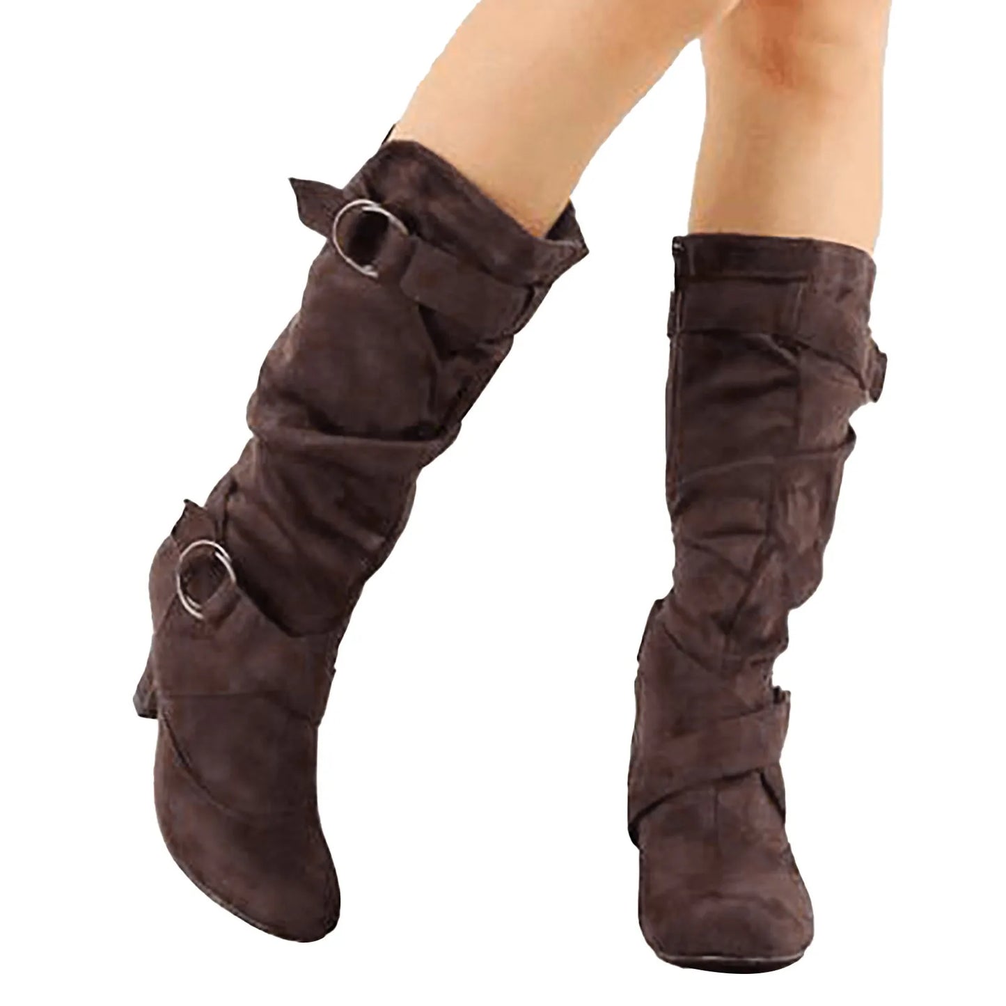 Leather Calf Boots For Women Low Heel Women's Foreign Trade Autumn And Winter New Mid Heel Slip Fashion Plush Mid Medium Boot Brown