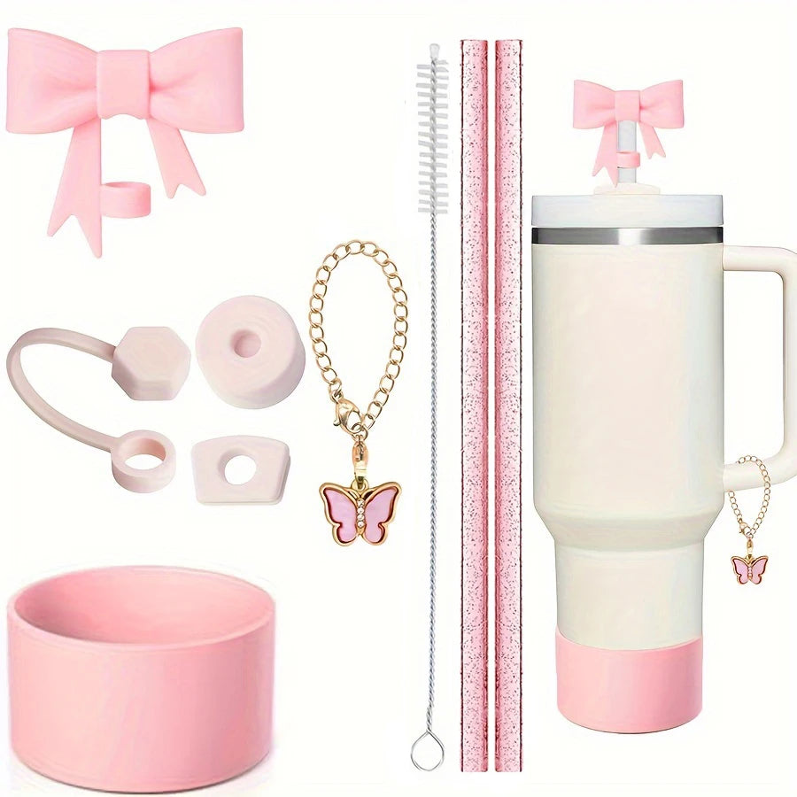 9pcs Accessories for Stanley 40oz Tumbler Cup Spill Proof Stopper 10mm Straw Cover Cap Silicone Boot Charm Chain Straw and Brush Badiee Stylez