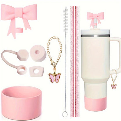 9pcs Accessories for Stanley 40oz Tumbler Cup Spill Proof Stopper 10mm Straw Cover Cap Silicone Boot Charm Chain Straw and Brush Badiee Stylez