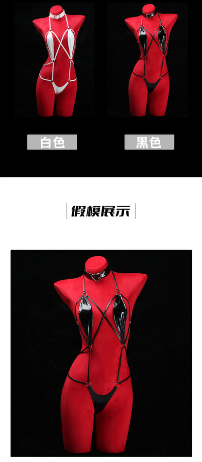 Anime Cosplay Girls Halter Leather Swimsuit Cross Straps Bandage Jumpsuit Bodysuit Lingerie Costumes Hollow Out Pajamas