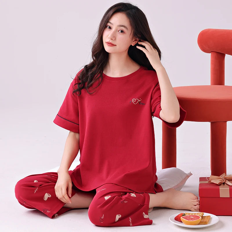 Newest Summer Casual Pajamas Set Women 100% Cotton Sleepwear Female Short Top+Calf-Length Pant Pyjamas