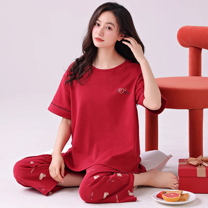 Newest Summer Casual Pajamas Set Women 100% Cotton Sleepwear Female Short Top+Calf-Length Pant Pyjamas