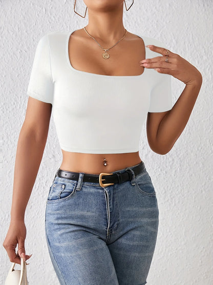 Solid Square Neck Crop T-Shirt Y2K Sexy Short Sleeve T-Shirt For Spring & Summer Women's Clothing WHITE