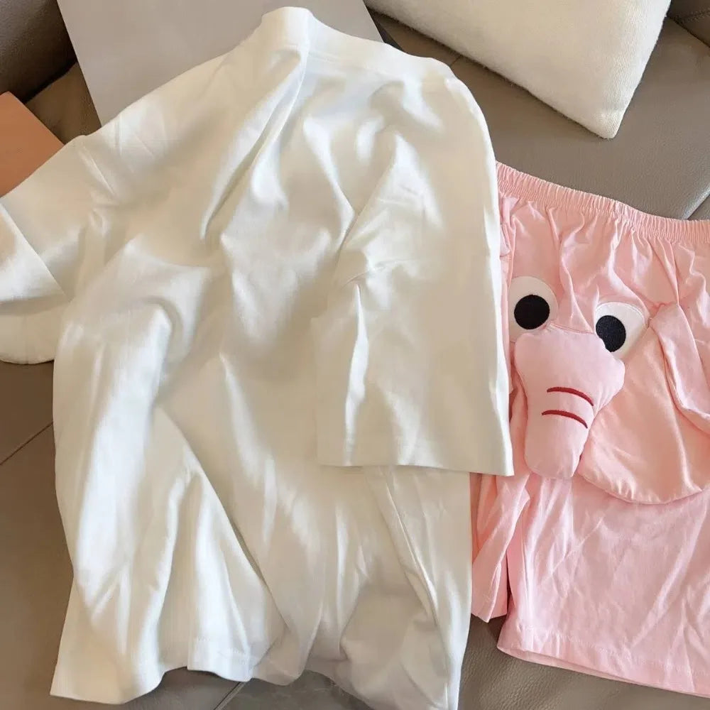 Cartoon 3D Ears Elephant Trunk Pajamas Nose Loose Short Sleeve Sleepwear Funny Couple Pajamas Suit Gifts