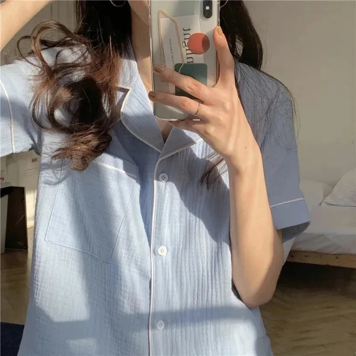 Summer Soft Cotton Linen Nightgown Women's ort Sve Home Clothes Two-Piece Set Cute Youth Polyester Fiber Thin Fabric