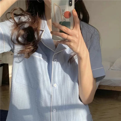 Summer Soft Cotton Linen Nightgown Women's ort Sve Home Clothes Two-Piece Set Cute Youth Polyester Fiber Thin Fabric