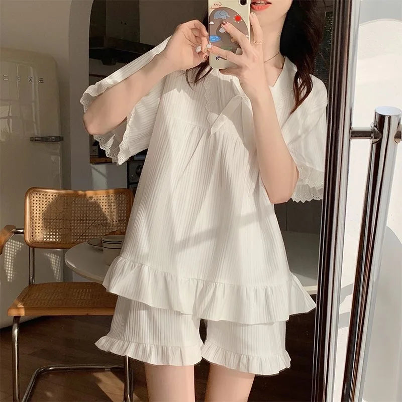 Palace Style Pajamas Ladies Summer Loungewear Set Short-Sleeved with Cushion Korean Small Sweet Girlfriends Loungewear Set