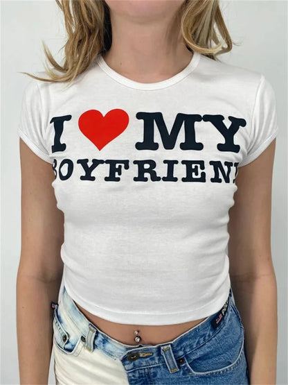 I LOVE MY BOYFRIEND Summer Fashion Girls Cotton Crop Tee Short Short Sleeve Women T-Shirt