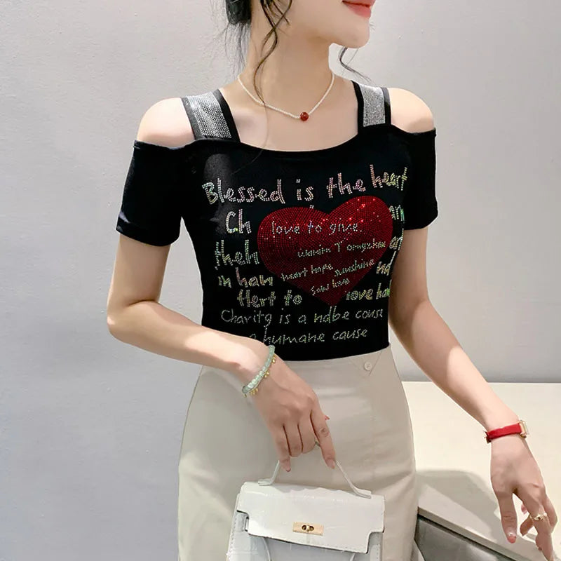 Aoxison Summer Short Sleeved Women's T-Shirt Elegant Slim Shiny Love Heart Diamonds Mesh Tops Chic Girl Sexy Off Shoulder Tees Black1