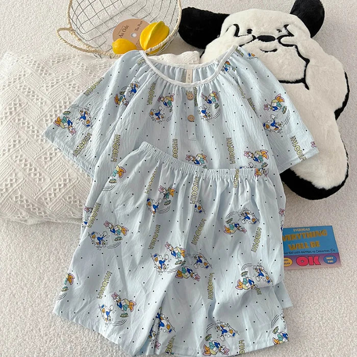 Summer New Cloud Cotton round Ne Button Sweet Cartoon Spwear Two-Piece Set Lightweight Comfortable Student Home Clothes Polka dot donald duck