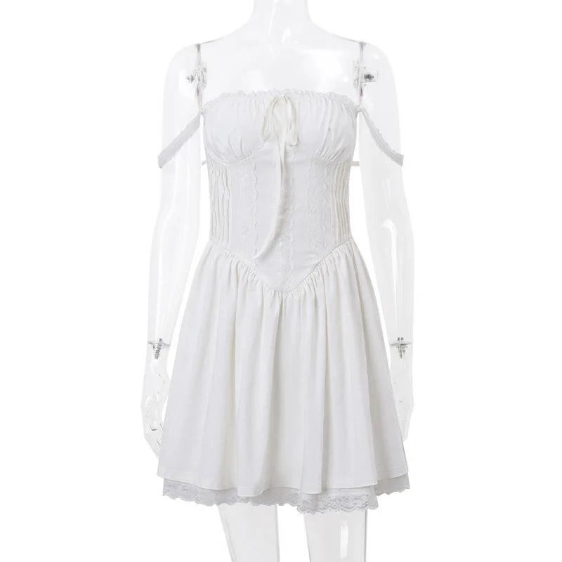 WhereMery Elegant Women Aesthetic Pleated Mini Dress Y2K White Sleeveless Square-neck Lace-up Off Shoulder Spring Party Dresses