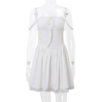 WhereMery Elegant Women Aesthetic Pleated Mini Dress Y2K White Sleeveless Square-neck Lace-up Off Shoulder Spring Party Dresses