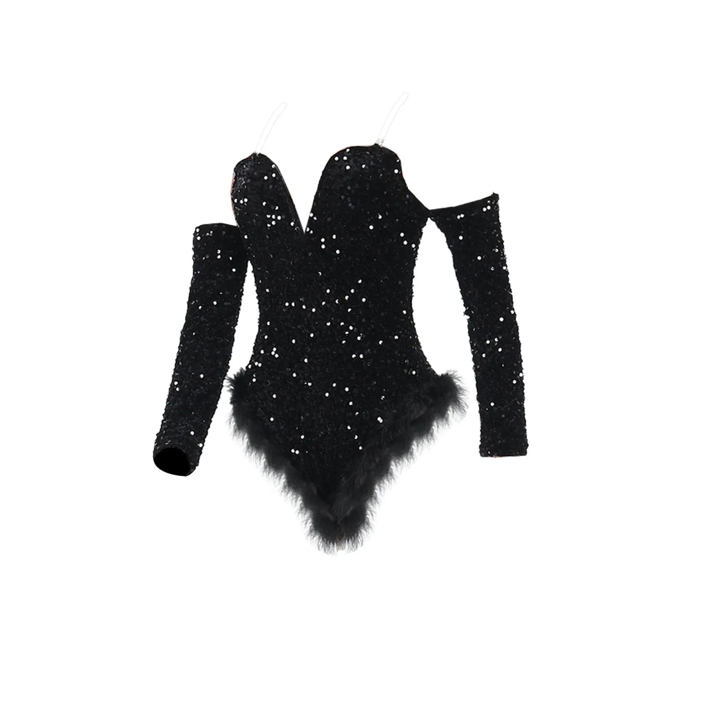 Women's Elegant Sequined Feather Slim Patchwork Bodysuits Spring Summer New Sexy Bodysuits Women Long Sleeve Backless Bodysuits