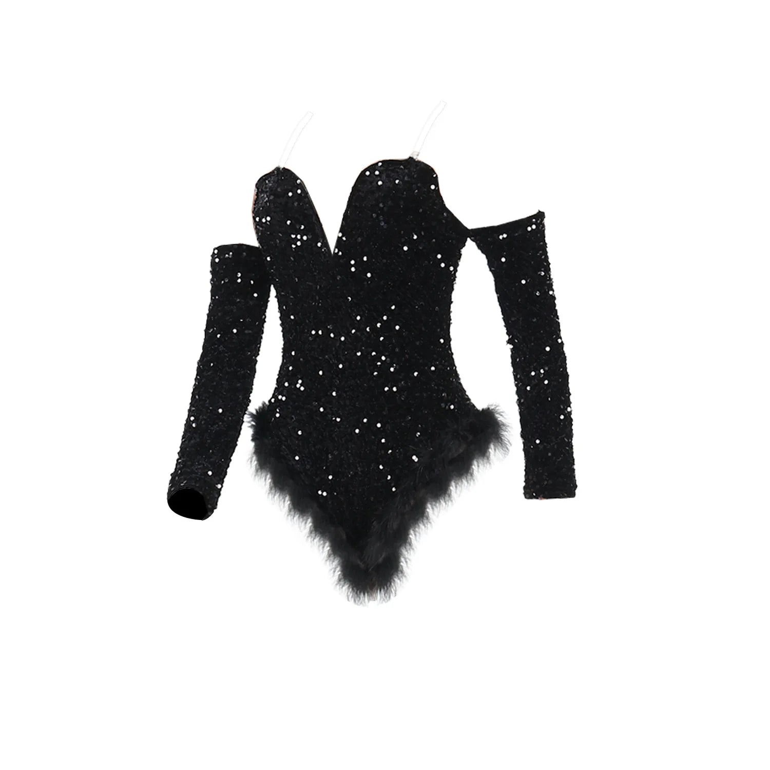 Women's Elegant Sequined Feather Slim Patchwork Bodysuits Spring Summer New Sexy Bodysuits Women Long Sleeve Backless Bodysuits