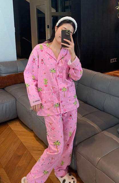 Women's Print Cotton Pajama Set Long Sleeve Autumn Winter Ladies Sleepwear 2 Pcs with Pant Single Breasted Pijama Suit Female