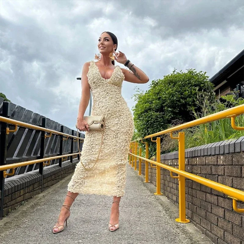 Sexy 3D Flower Deep V-neck Dress Women Slim Sleeveless Backless Split Hip Package Midi Dresses 2025 Spring Ladies New Vestidos