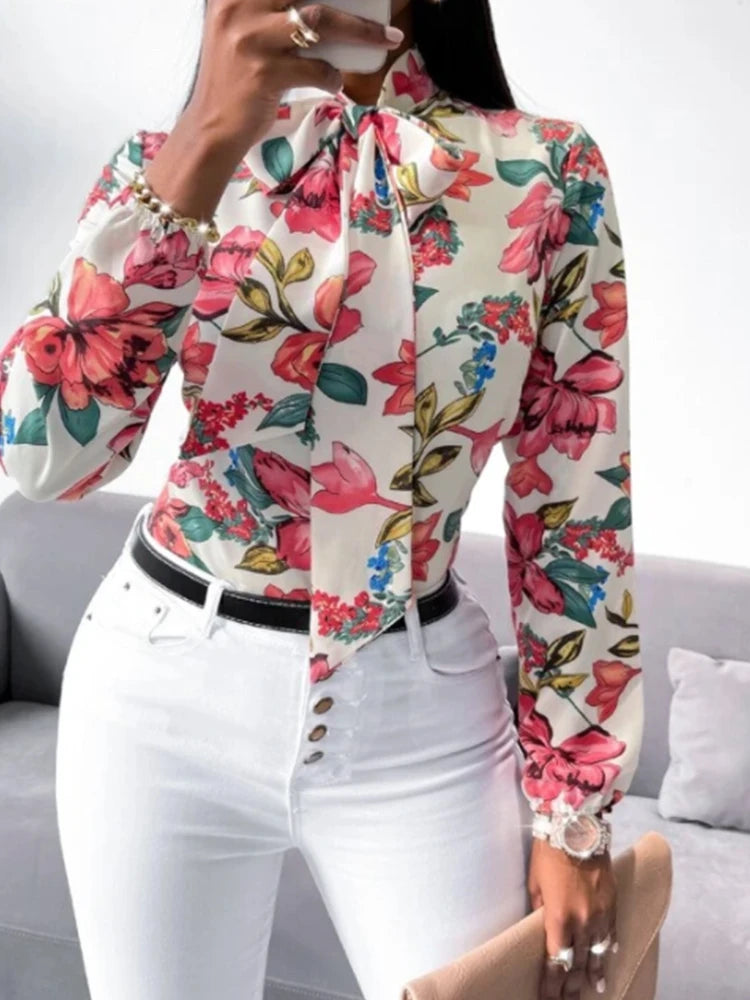 Women's Fashion Work Clothes Floral Print Bow Tie Shirt Fashion Office Dress up Women's Business Casual Clothing Badiee Stylez