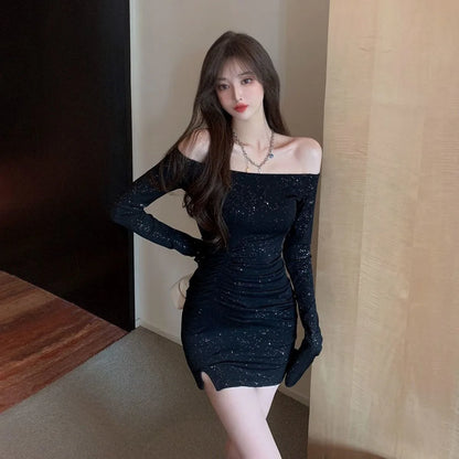 One-Shoulder Sequined Long Sleeve Sexy Pencil Skirt