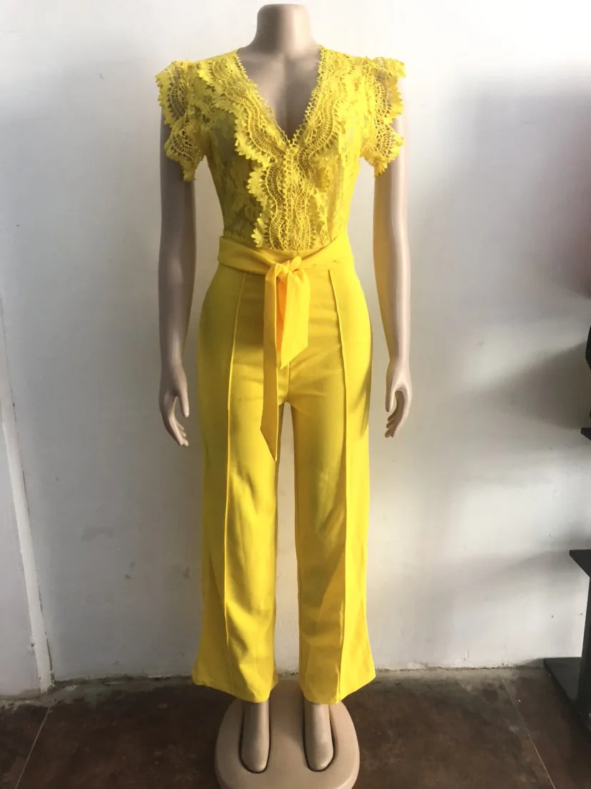 Women Lace See Though Patchwork Short Sleeve V-neck Jumpsuits Summer Vacation One Piece Set Streetwear Fitness Jumpsuit Badiee Stylez