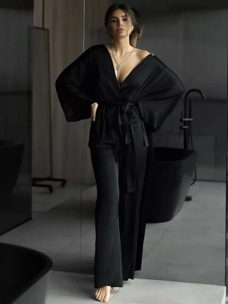 Mozuleva Solid Color Long Sleeved Pants Pajama 2-Piece Set Women's Autumn Winter Lace Up Nightgown Comfortable Home Clothing