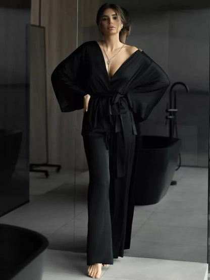 Mozuleva Solid Color Long Sleeved Pants Pajama 2-Piece Set Women's Autumn Winter Lace Up Nightgown Comfortable Home Clothing