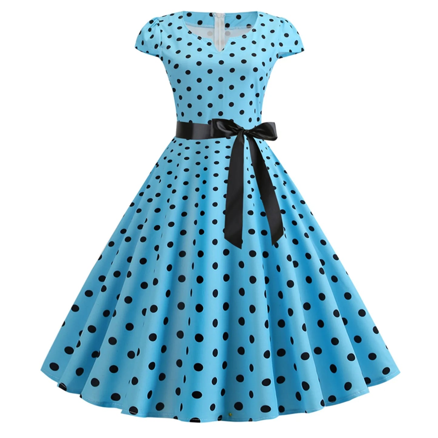 Woman Retro Dresses Audrey Hepburn 1950s 60s Rockabilly Polka Dot Printed Bowknot Pinup Ball Gown Party Dress Robe Vestidos Sky Blue