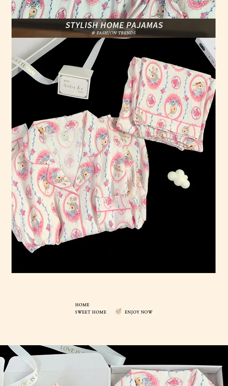 Spring and Autumn Women's New Cloud Cotton Pajamas Homewear Set Students Sweet Printing Long Sleeves Long Pants Pajamas Homewear