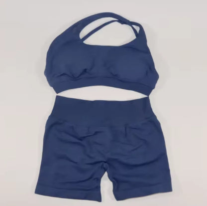 No Logo Yoga Asymmetric Gym Set Women Seamless Yoga Set Workout Shorts Sets Halter Sports Bra Scrunch Bum Shorts Fitness Clothes Badiee Stylez