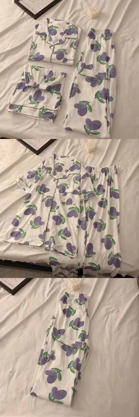 Three-Piece Set of Ladies Pajamas Short Sleeve Long Pants Student Loungewear Cartoon Cardigan Short Sleeve Shorts Cute Pajamas